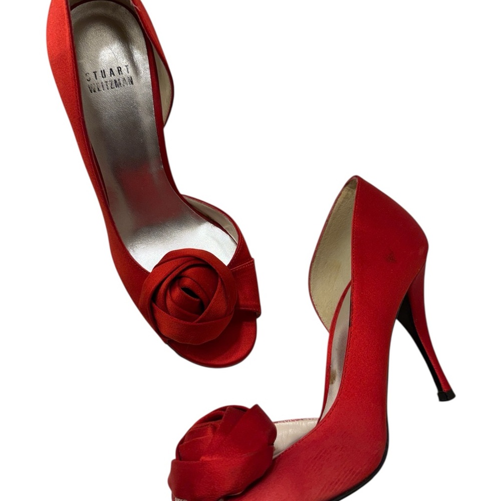 Stuart Weitzman Scarlet Peep-Toe Heels with Floral Detail Red Rose bud stilletos